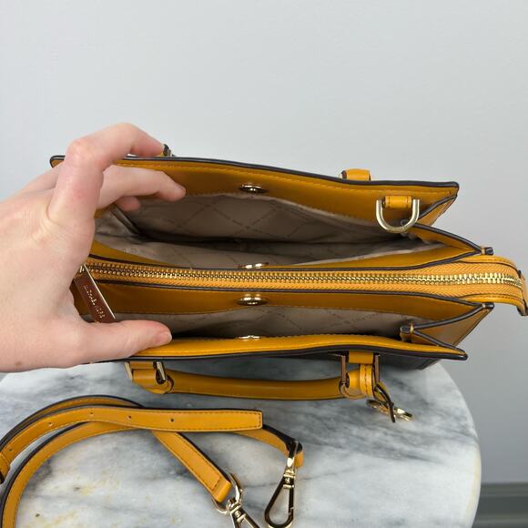 Michael Kors Yellow Leather And Brown Monogram Canvas Hope Satchel - Picture 4 of 12